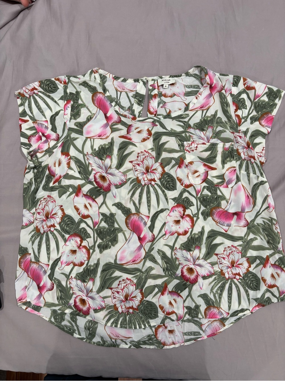 Marina Luna White Floral Short Sleeve Blouse with Pink & Green Accents